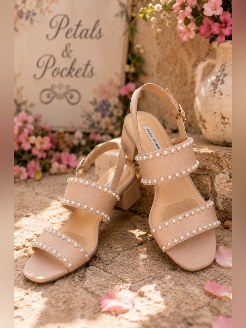 Alex Marie Pearl Embellished Block Heel Sandals 10M Nude Blush Slingback